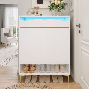 Meuble &agrave; chaussures moderne 80x35x105cm - avec LED - 2 tiroirs et 2 portes - 4 pieds en m&eacute;tal dor&eacute; - blanc