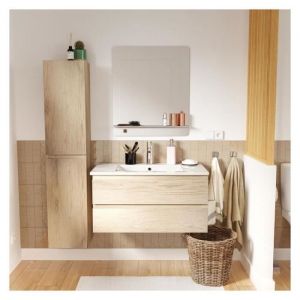 Meuble simple vasque 80cm décor chêne +robinet chromé+miroir+colonne