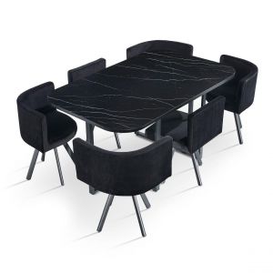 Table rectangulaire avec 6 chaises gain de place Oslo XL Effet marbre noir et Velours Noir