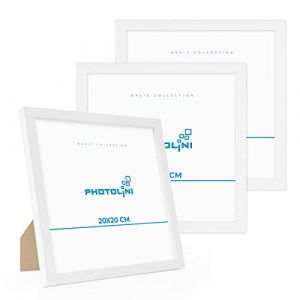 PHOTOLINI Cadre 20 x 20 bois MDF blanc, lot de 3 cadres photo pour posters et affiches, verre acrylique incassable, décoration murale à suspendre & à poser, avec accessoires supplémentaires