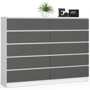 Grande Commode pour le salon Akord K160 Blanche 160 cm 10 tiroirs façade Gris Graphite 160x40x121 cm
