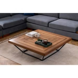 Menzzo Table basse carr&eacute;e Fofi 100cm M&eacute;tal Noir et Bois fonc&eacute;