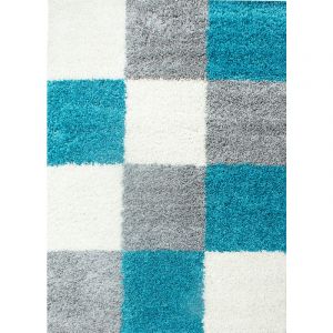 Image de Life SHAGGY - Petit Tapis à Carreaux 60 x 110cm - 100% Polypropylène 30mm - Turquoise