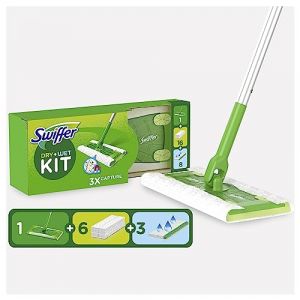 Swiffer Kit Complet Balai, 1 Balais, 6 Lingettes S&egrave;ches et 3 Lingettes Humides, Attrape Et Retient 3 Fois Plus De Poussi&egrave;re, Salet&eacute; Et Poils Qu&rsquo;Un Balai Classique