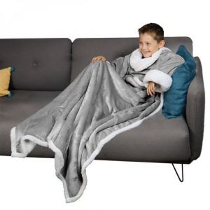 Plaid avec manches et poche - 120 x 160cm - Sherpa et flanelle - Enfant - Gris - Vivezen