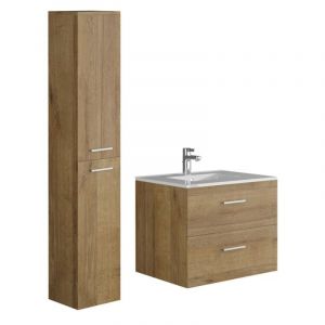 Meuble de salle de bain suspendu simple vasque avec colonne de rangement - Coloris naturel clair - 60 cm - KAYLA