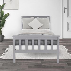ML-Design Lit Simple 90x200 cm avec Cadre de Lit et Sommier à Lattes, Bois de Pin Massif Gris Clair, avec Tête et Pieds de Lit, Construction Solide