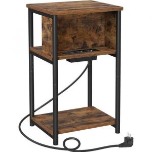 Table de chevet avec multiprise effet bois marron rustique