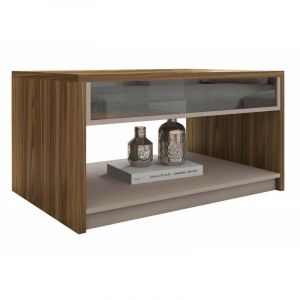Table Basse Rectangle 90 cm Vitrée Chêne et Taupe - L 902 x l 60 x H 47.5 cm