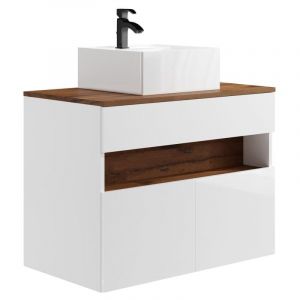Meuble de salle de bain suspendu à LEDs avec vasque à poser - Blanc et naturel foncé - L80 cm - POZEGA