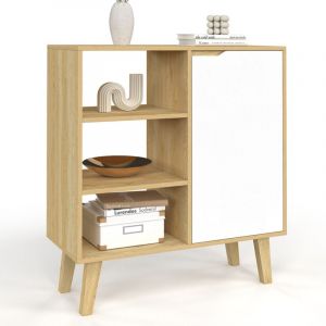 Idmarket Buffet d'appoint 3 étagères et placard 70 cm FINN blanc et bois façon hêtre