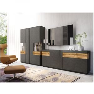 Ensemble de salon vitrine et buffet collection KILES. Coloris gris anthracite et chêne.