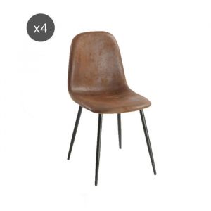 BAÏTA Lot de 4 chaises LENAVINTAGE - Suédine Aspect Cuir Vieilli et Pieds en métal Noir