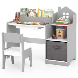 COSTWAY Ensemble Bureau Enfant avec Chaise - &Eacute;tag&egrave;res Ouvertes - Tiroir et Bac de Rangement en Tissu - 2 Compartiments Gris