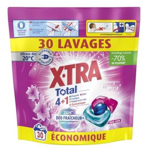 X.Tra X•Tra Total - Lessive Capsules- Trio-Caps - 4+1 - Propreté - Eclat - Fraîcheur - Engagé pour vous - Economique - Parfum Fleuri - Déo Fraîcheur + - 24H Anti-Odeurs - Efficace des 20°C - 30 Lavages