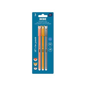 Interdruk Stylos Effaçables - Thème Animaux Mignons - Encre Bleue - Renard + Tigre + Loup - 3 Pieces