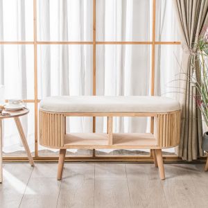 Banc avec rangement en pin et velours beige