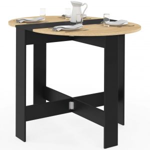 Idmarket Table console pliable ronde EDI 2-4 personnes bois noir plateau fa&ccedil;on h&ecirc;tre 103 x 76 cm