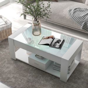 Oem Table basse - Moderne - Plateau en verre - Casiers de rangement - Blanc