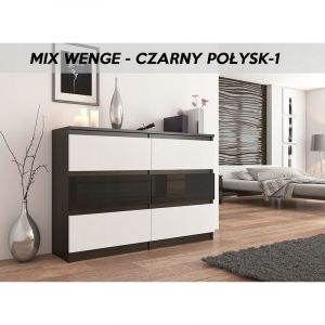 Image de Hucoco MUNICH 1W Commode contemporaine chambre salon bureau 140x77x30 Dressing 6 tiroirs Meuble de rangement scandinave Wenge/Blanc/Noir