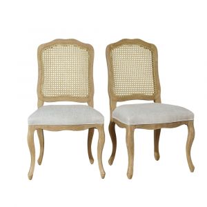 Lot de 2 chaises style romantique en hévéa, cannage et lin premium bei