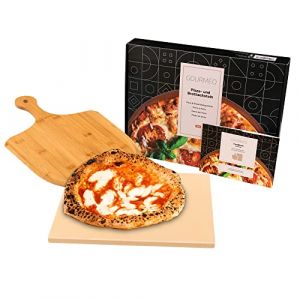 GOURMEO Kit Pierre &agrave; Pizza & Pelle en Bamboo - 38x30cm - Pierres a Pizzas en Cordi&eacute;rite pour Four & Barbecue - Plaque Refractaire Chaleur Homog&egrave;ne & Lavage Facile