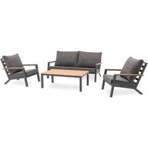 DCB Garden Salon de jardin 5 pl en alu anthracite et plateau composite effet bois