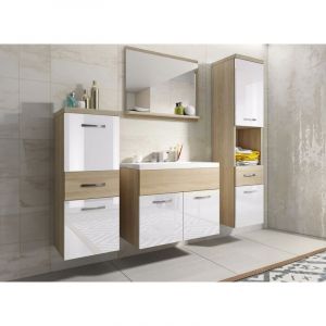 Ensemble meubles salle de bain suspendu - Bois et blanc shelby - blanc bois