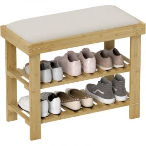 Homcom Banc &agrave; chaussures - 3 niveaux - style scandinave - cadre en bambou - 60 x 29 x 49 cm - cr&egrave;me et bois naturel