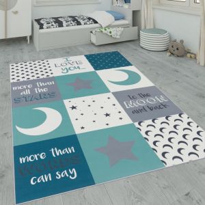 Image de Paco Home - Tapis Pour Enfant Tapis Chambre Enfant Étoile Lune Et Carreaux 80x150 cm, Turquoise