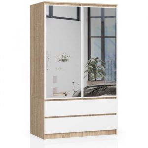 Armoire AKORD S90 avec miroir Ch&ecirc;ne Sonoma 90 cm 2 portes 2 tiroirs fa&ccedil;ade Blanche 4 &eacute;tag&egrave;res 90x51x180 cm