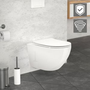 Toilette Suspendu sans Rebord, avec Nano-Revêtement, Long 53,5 cm, Blanc Brillant, Siège Amovible, Softclose Abaissement Automatique, Chasse d'Eau