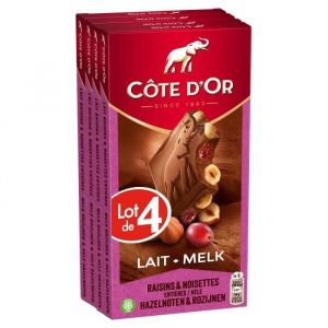 C&ocirc;te d'Or 4 Tablettes de chocolat au lait aux raisins et noisettes enti&egrave;res - (4x180g)
