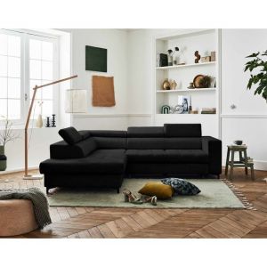 Olinda - canapé d'angle gauche - 5 places - convertible avec coffre et têtières réglables - en tissu - Noir
