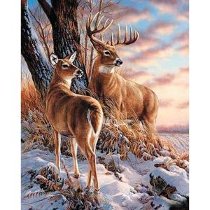 Peinture au num&eacute;ro : Cerfs en Hiver - sans ch&acirc;ssis en bois