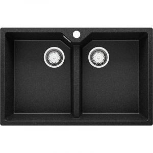 Primagran - Evier Cuisine en Granit 78 x 50 cm Lavabo 2 bacs + Siphon Classique, Évier à Encastrer de Graphite