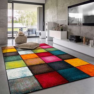 Paco Home - Tapis Salon Chambre Poils Ras Abstrait Geometrique Carreaux Gris Jaune Rouge 60x110 cm