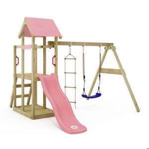 Wickey Tour de jeux en bois TinyPlace avec balançoire et toboggan, tour d'escalade avec bac à sable, échelle et accessoires de jeu – rose pastel