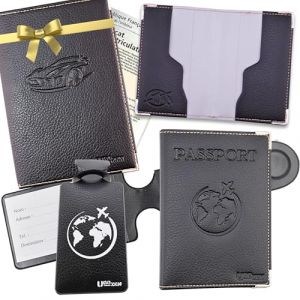 Coffret Cadeau Homme ou Femme 5 pièces/Portes-Documents : Carte Grise Passeport Étui Carte Bancaire RFID Étiquettes à Bagage