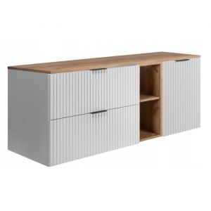 Meuble sous Lavabo 80 cm FLOW - Fa&ccedil;ades rainur&eacute;es - avec plan de travail et &eacute;tag&egrave;re - Blanc/ch&ecirc;ne - 140 x 57 x 46 cm