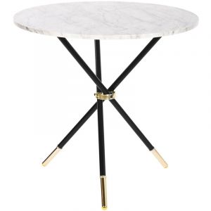 Pegane Table d'appoint ronde en métal noir, doré et marbre blanc - diamètre 80 x Hauteur 76 cm