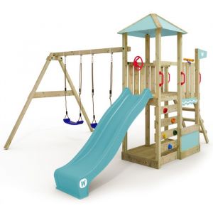 Wickey Aire de jeux Portique bois Smart Savana avec balançoire et toboggan Maison enfant exterieur avec bac à sable, échelle d'escalade &