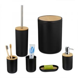 Relaxdays Accessoires de Salle de Bain, 6 pi&egrave;ces, en Plastique et Bambou, Set Complet, Noir et Nature
