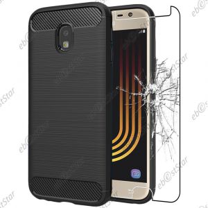 EbestStar Coque Samsung Galaxy J3 2017 SM-J330F [Dimensions PRECISES : 143.2 x 70.3 x 7.9 mm, écran 5''] - Coque Motif Fibre Carbone Luxe 2 barres horizontales Etui Housse Silicone Gel + Film en Verre Trempé, Couleur Noir (ebestPro (Expédié depuis Franc