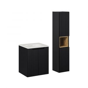 Ensemble meuble simple vasque encastrée 50cm 2 portes et colonne Riva Noir et Bois