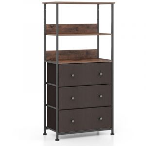 Commode à 3 tiroirs avec etagères ouvertes unité de rangement verticale avec cadre en métal 117 cm avec bacs en tissu marron rustique