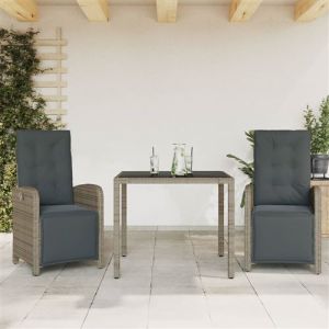 VidaXL Ensemble de Bistro avec Coussins 3 pcs, Table et Chaises de Jardin, Ensemble de Meubles d'Extérieur Balcon, Moderne, Gris Résine Tressée