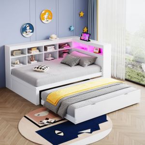 Lits gigognes enfant 90 x 200 cm (90 x 190 cm), canap&eacute;s-lits avec rangement ouvert, LED, USB, sans matelas, blanc