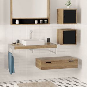 BOHO - Meuble 120 cm Bois Massif Gris avec Portes Persiennes et Tiroirs - Style Contemporain pour Salle de Bain