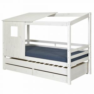 Pack lit cabane gigogne avec 2 matelas bois massif blanc 90x200 cm